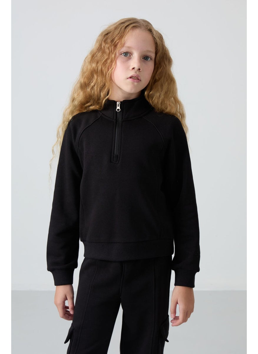 Black Cotton Fluffy Soft Texture Standard Fit Embroidered Girls Tracksuit - 75159
