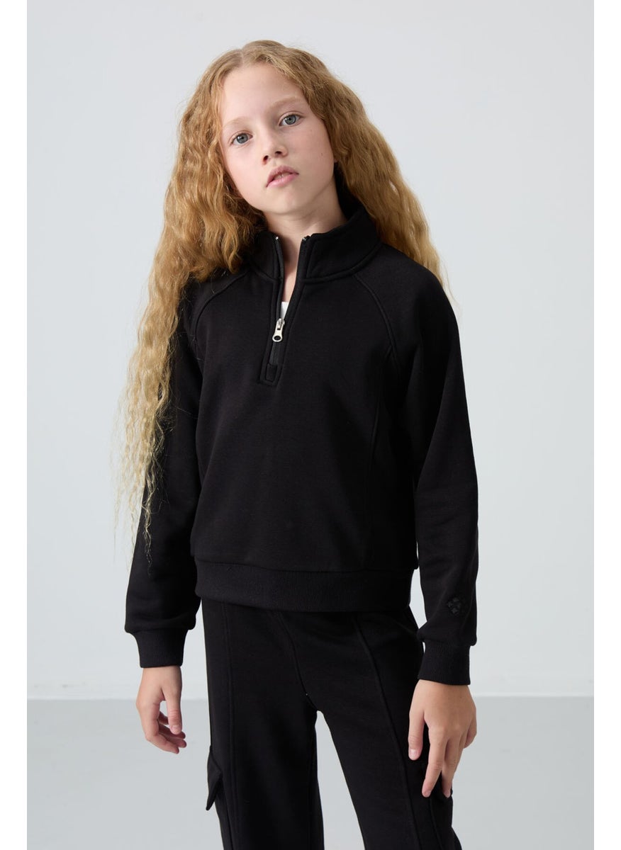 Black Cotton Fluffy Soft Texture Standard Fit Embroidered Girls Tracksuit - 75159