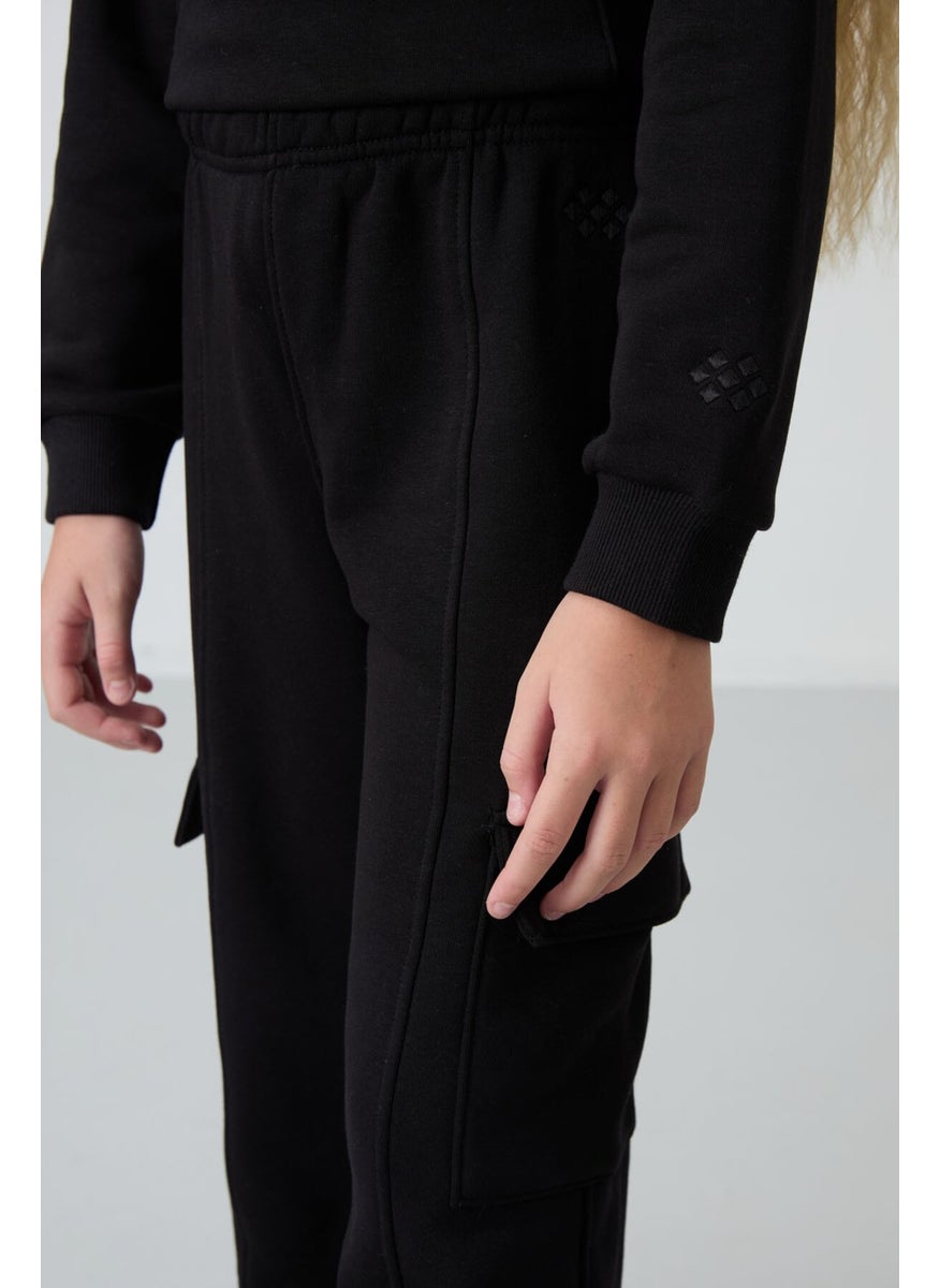 Black Cotton Fluffy Soft Texture Standard Fit Embroidered Girls Tracksuit - 75159