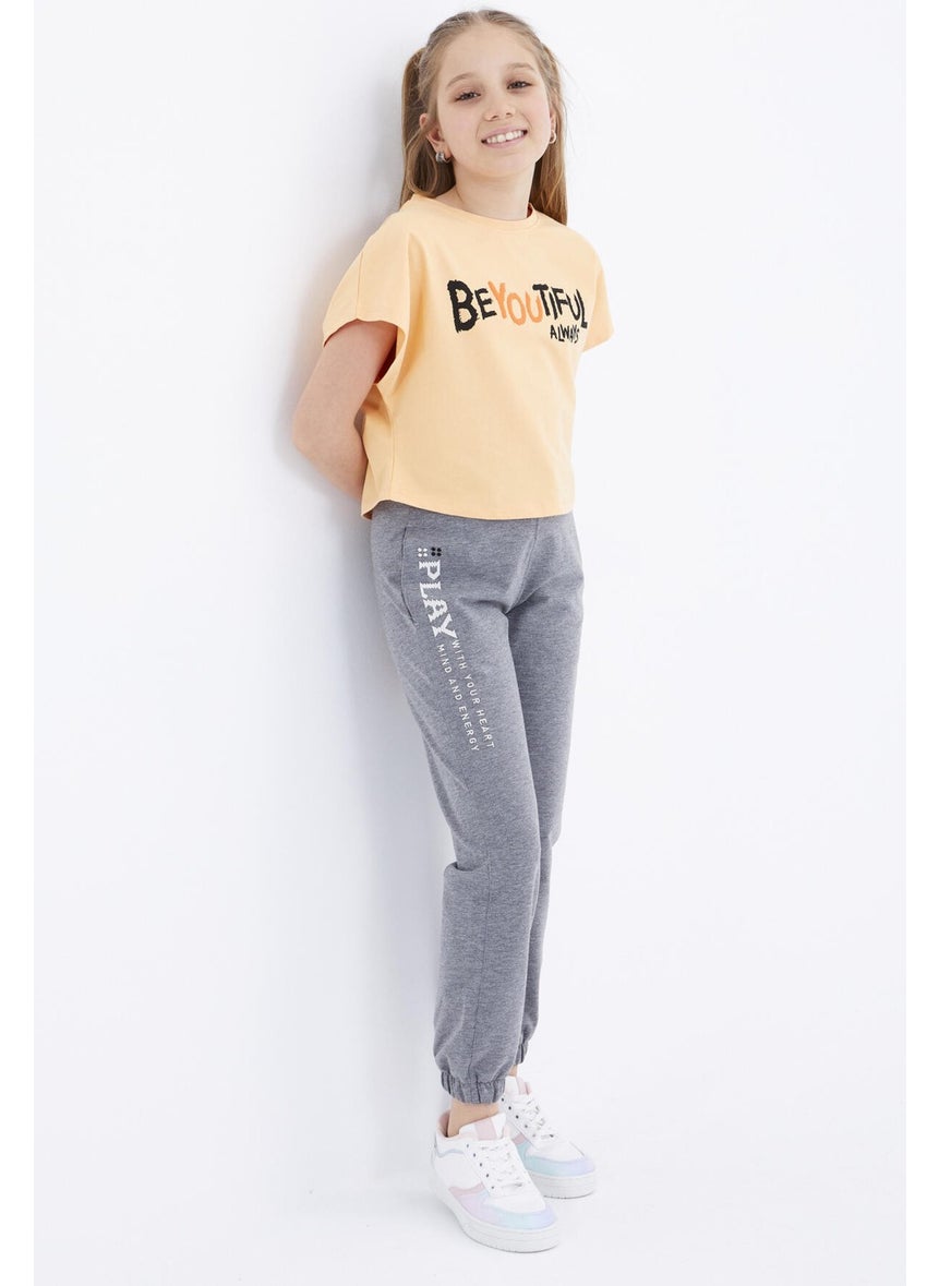 Gray Melange Text Embroidered Lace-Up Standard Mold Elastic Leg Girls Tracksuit Bottom - 75051