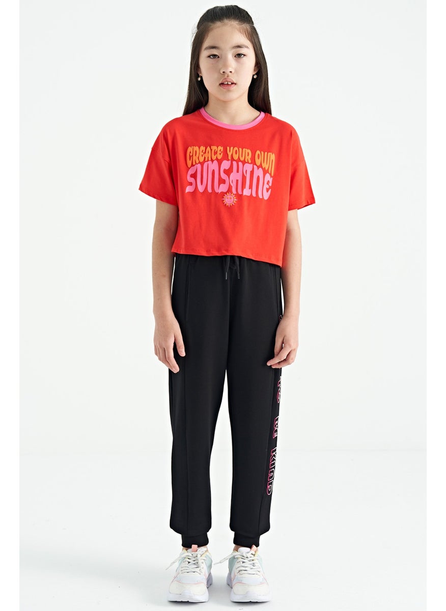 Black Side Text Embroidered Lace-Up Standard Size Jogger Girls Tracksuit Bottom - 75123