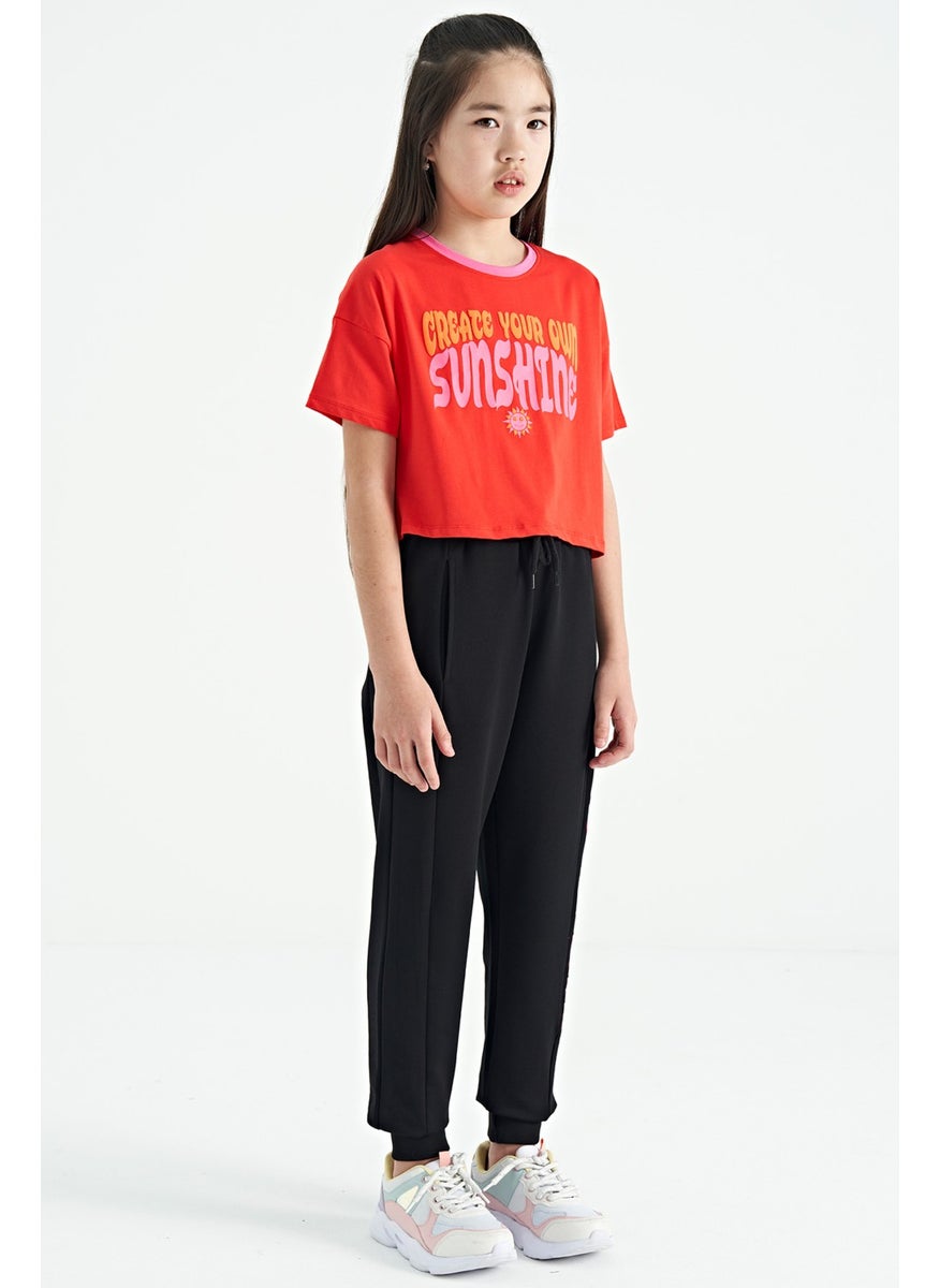 Black Side Text Embroidered Lace-Up Standard Size Jogger Girls Tracksuit Bottom - 75123