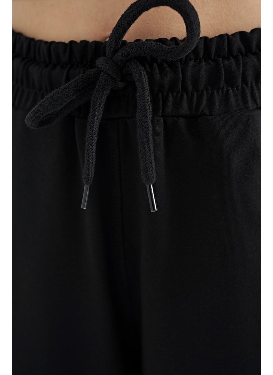 Black Side Text Embroidered Lace-Up Standard Size Jogger Girls Tracksuit Bottom - 75123