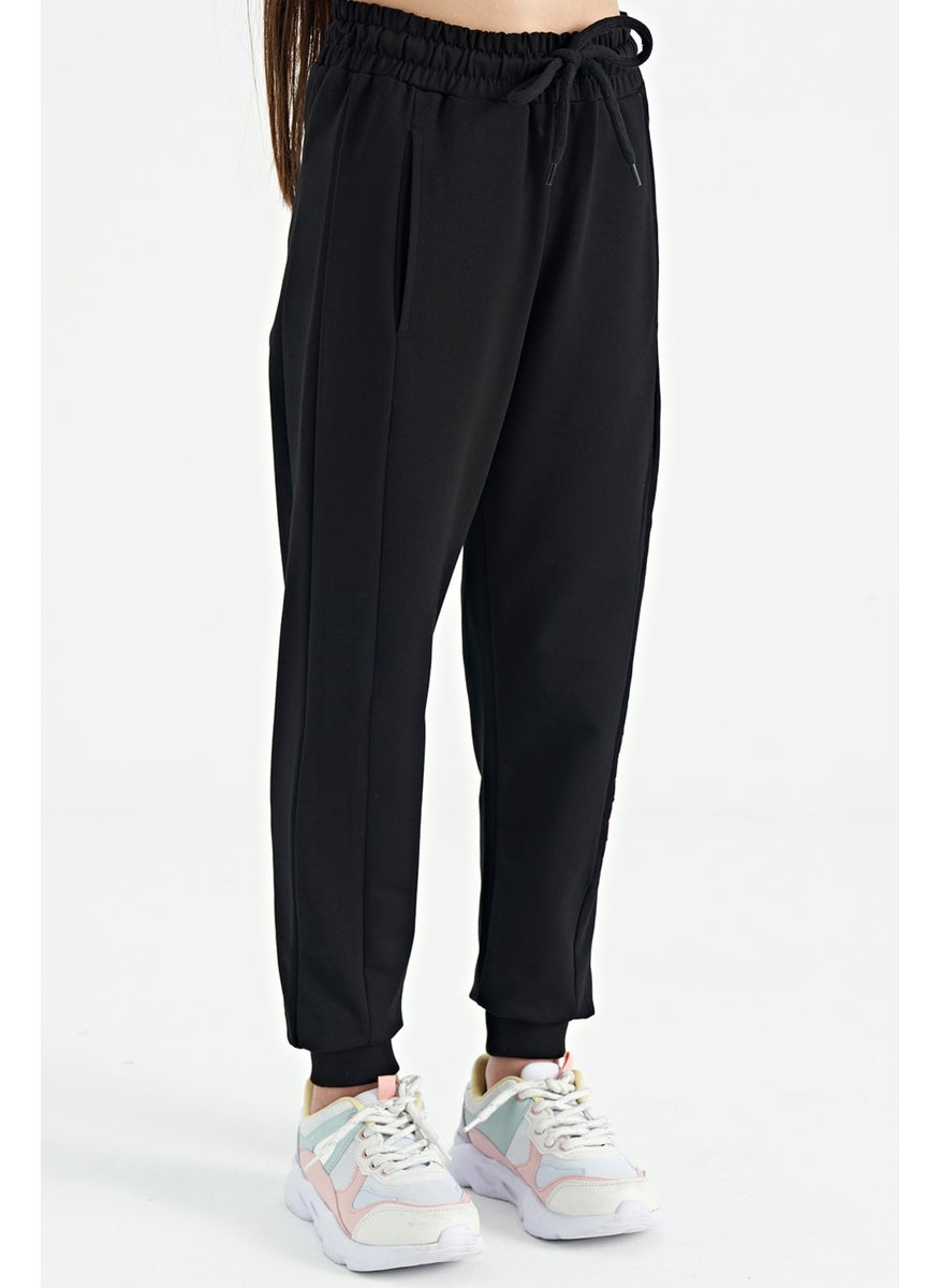 Black Side Text Embroidered Lace-Up Standard Size Jogger Girls Tracksuit Bottom - 75123