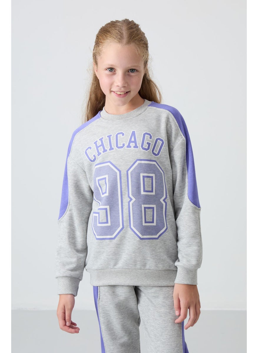 Gray Melange Cotton Fluffy Soft Textured Standard Fit Printed Girls Tracksuit - 75170