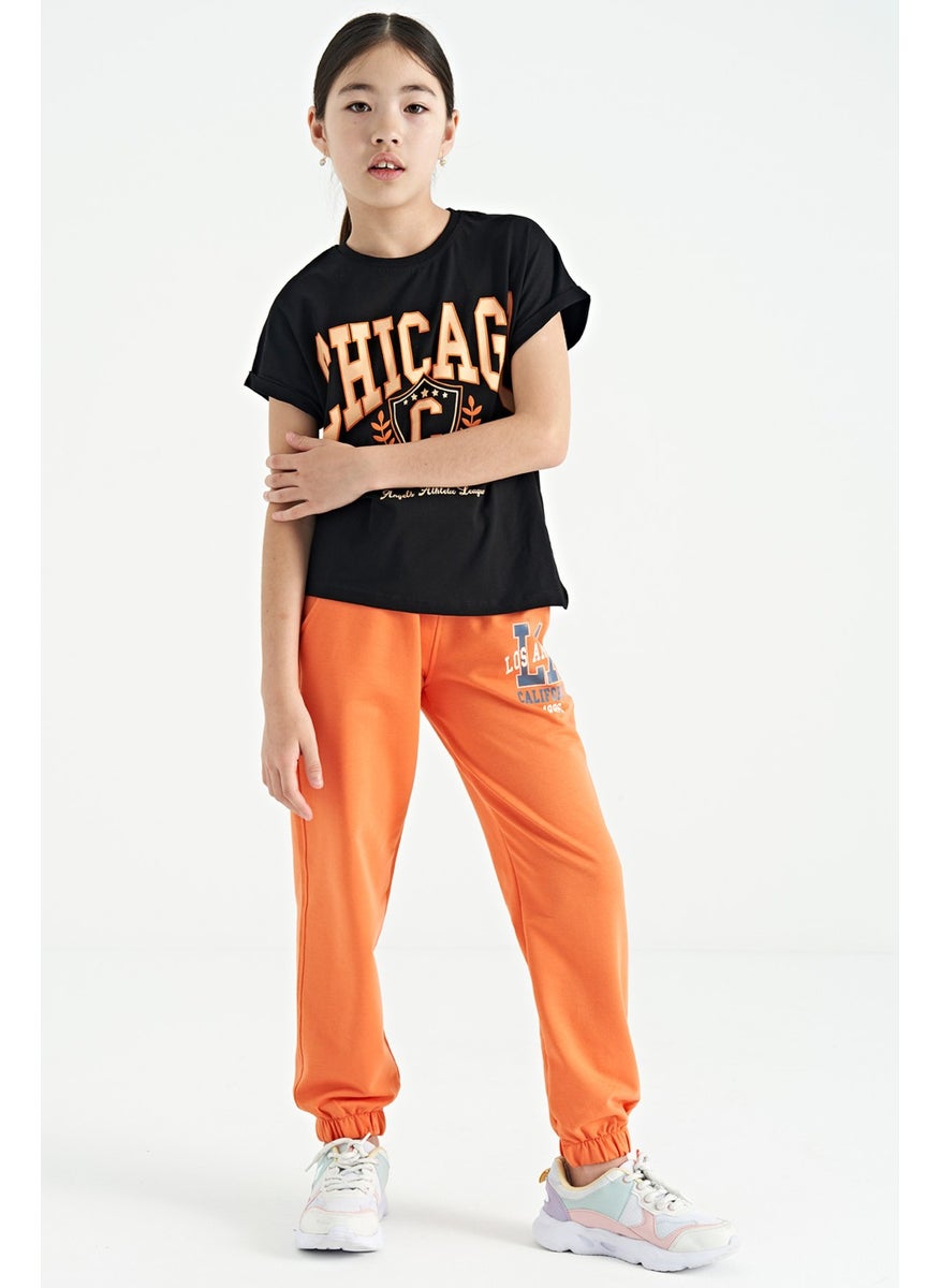Orange Text Embroidered Standard Pattern Jogger Girl Tracksuit Bottom - 75120