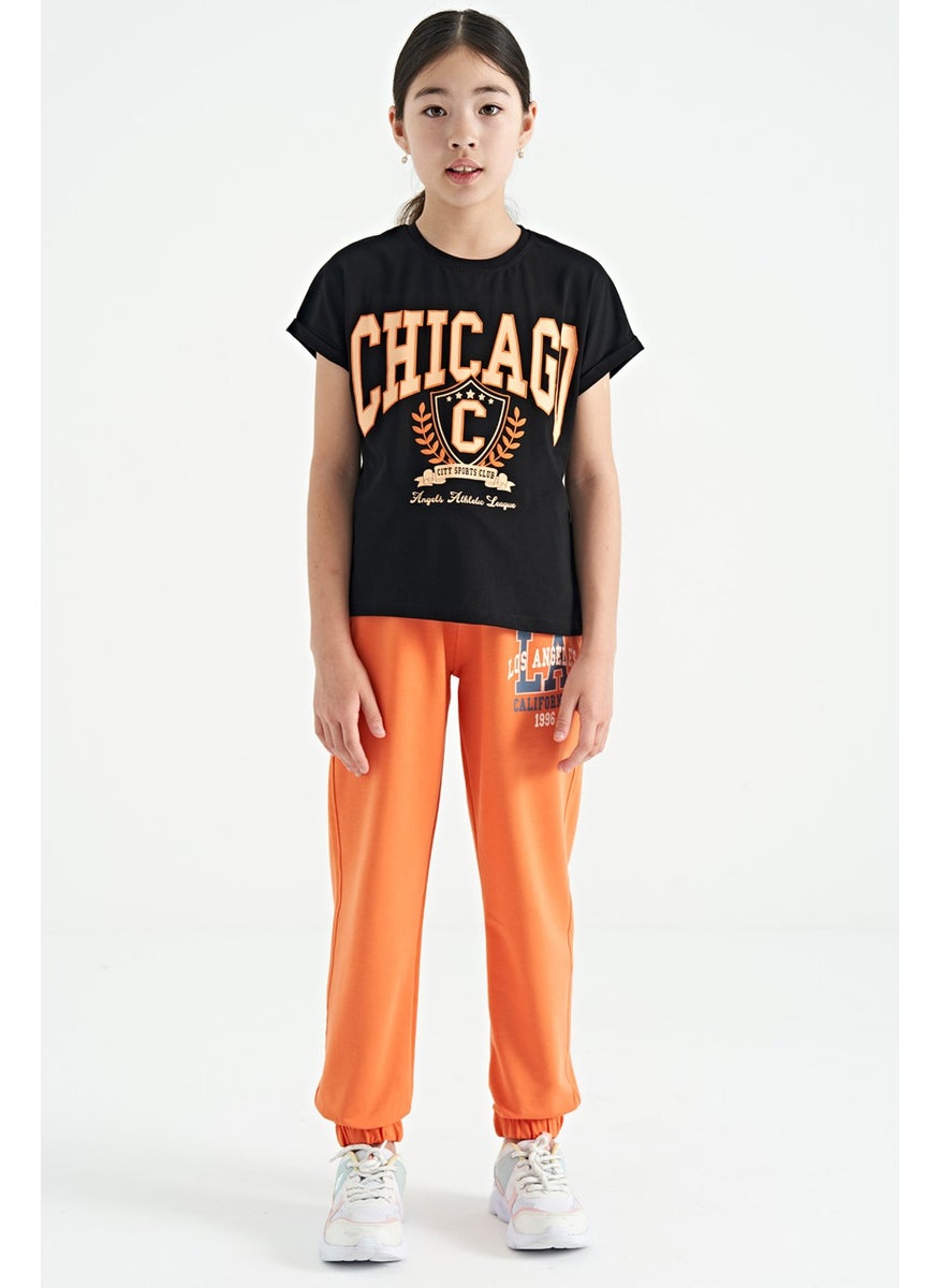 Orange Text Embroidered Standard Pattern Jogger Girl Tracksuit Bottom - 75120