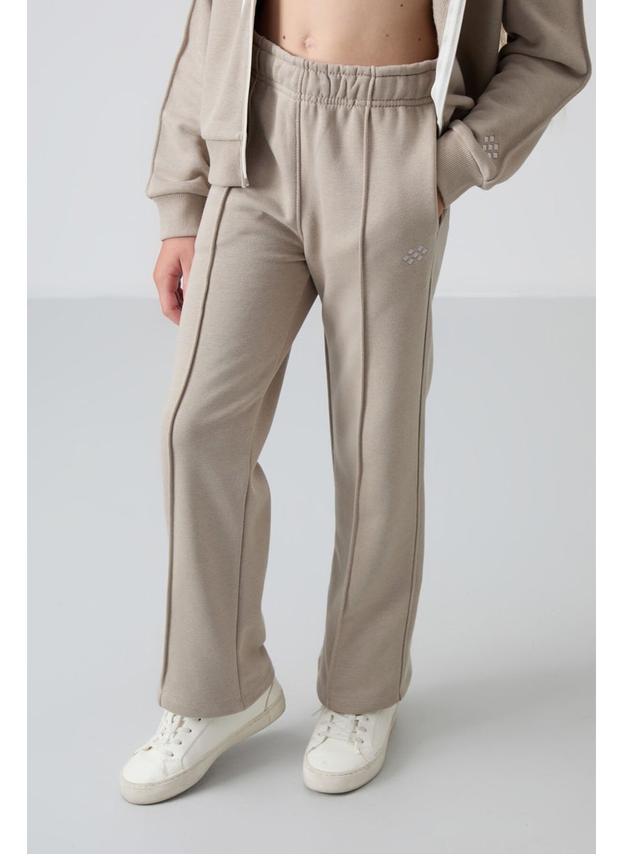 Dark Beige Cotton Fluffy Soft Texture Standard Fit Embroidered Girls Tracksuit - 75161