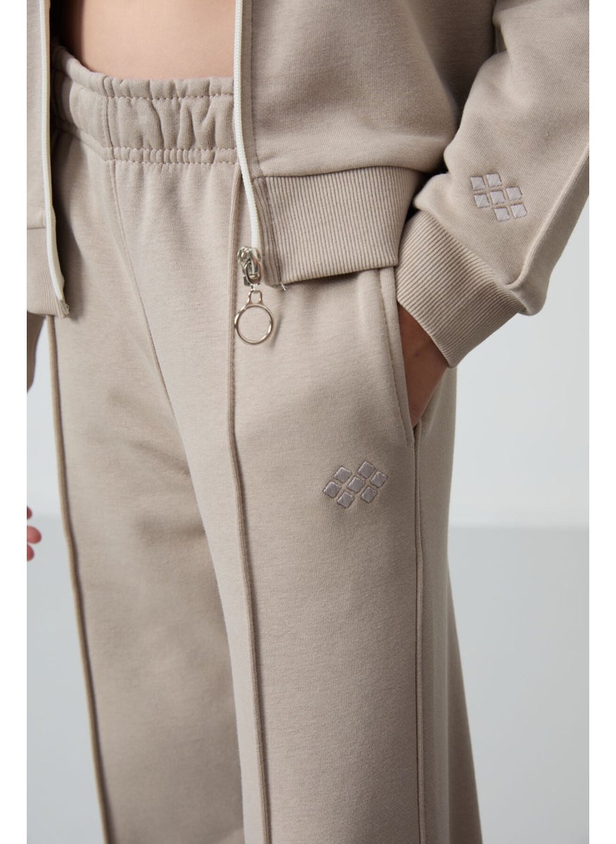 Dark Beige Cotton Fluffy Soft Texture Standard Fit Embroidered Girls Tracksuit - 75161