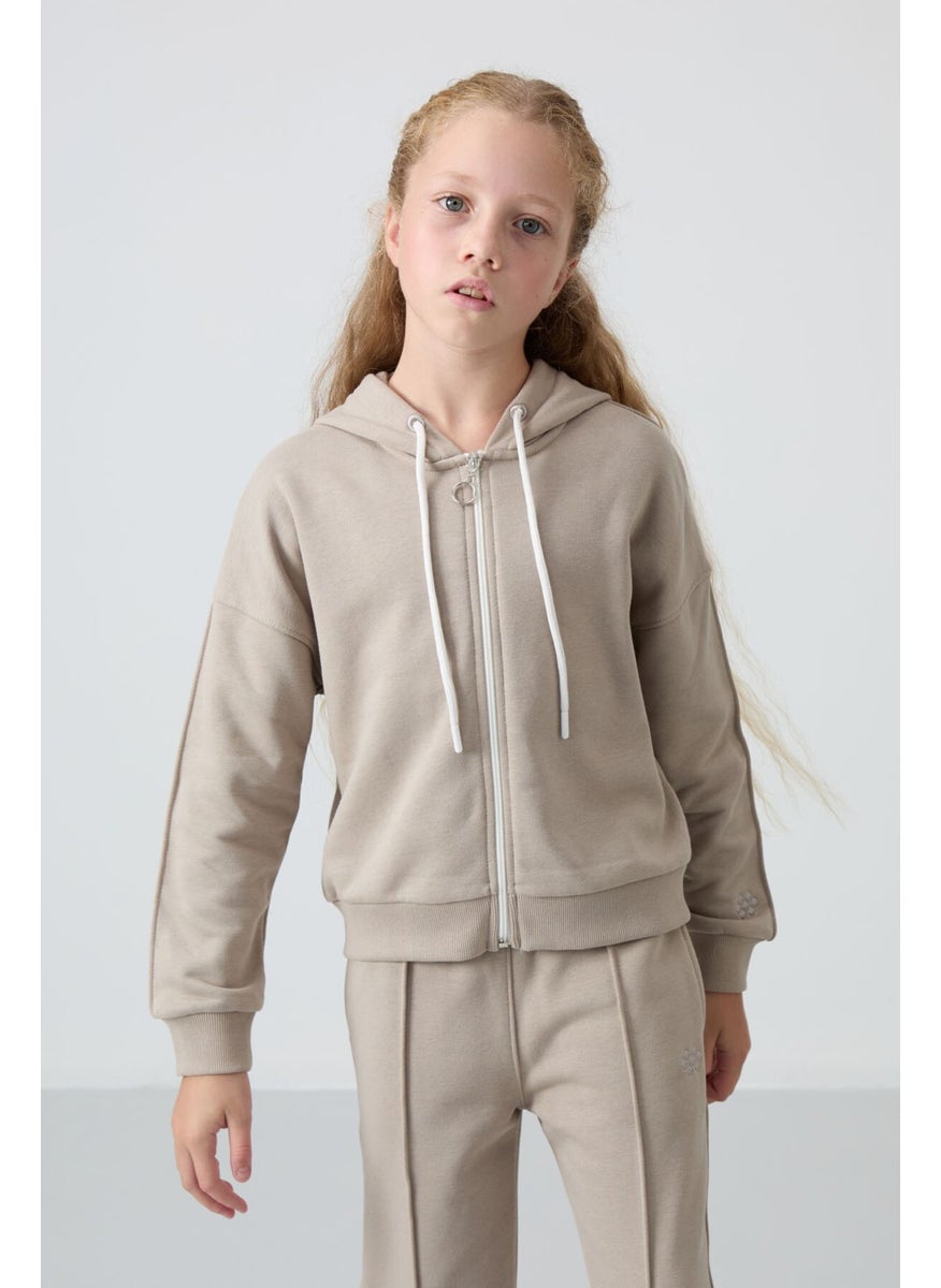 Dark Beige Cotton Fluffy Soft Texture Standard Fit Embroidered Girls Tracksuit - 75161