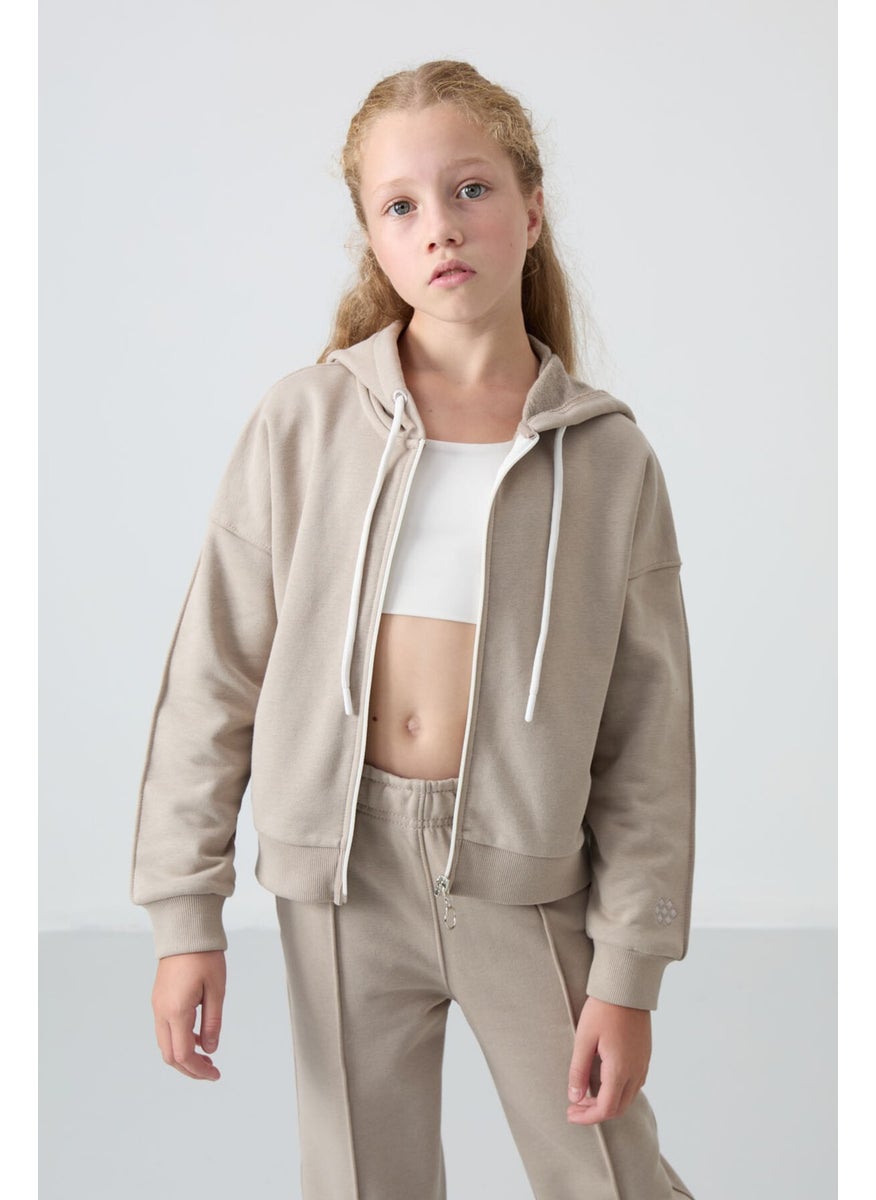 Dark Beige Cotton Fluffy Soft Texture Standard Fit Embroidered Girls Tracksuit - 75161