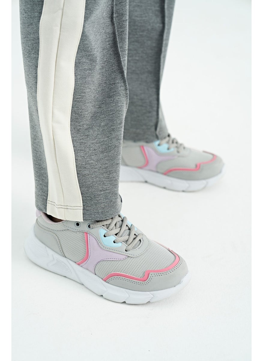 Gray Melange Side Band Detailed Lace-Up Comfortable Wide Leg Girls Tracksuit Bottom - 75119