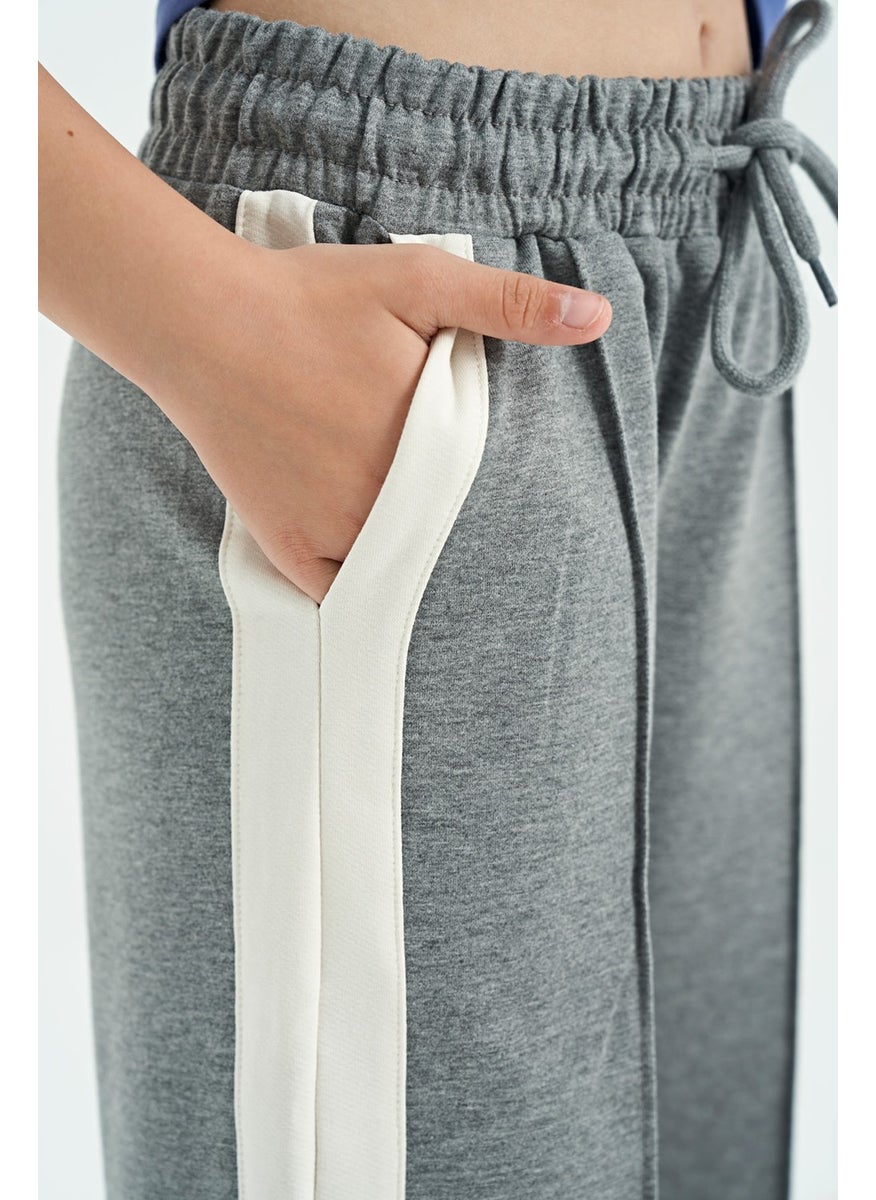 Gray Melange Side Band Detailed Lace-Up Comfortable Wide Leg Girls Tracksuit Bottom - 75119