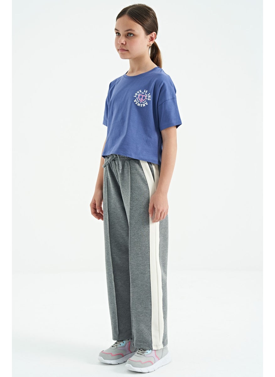Gray Melange Side Band Detailed Lace-Up Comfortable Wide Leg Girls Tracksuit Bottom - 75119
