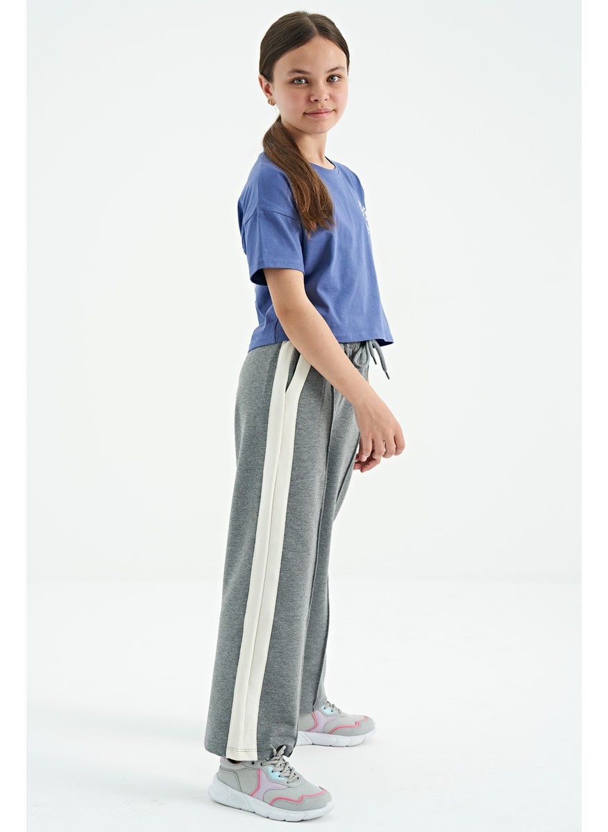 Gray Melange Side Band Detailed Lace-Up Comfortable Wide Leg Girls Tracksuit Bottom - 75119