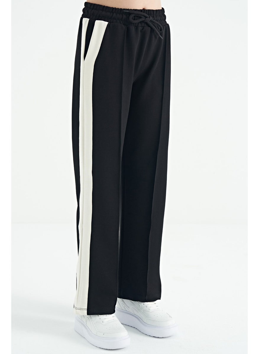 Black Side Band Detailed Lace-Up Comfortable Wide Leg Girls Tracksuit Bottom - 75119