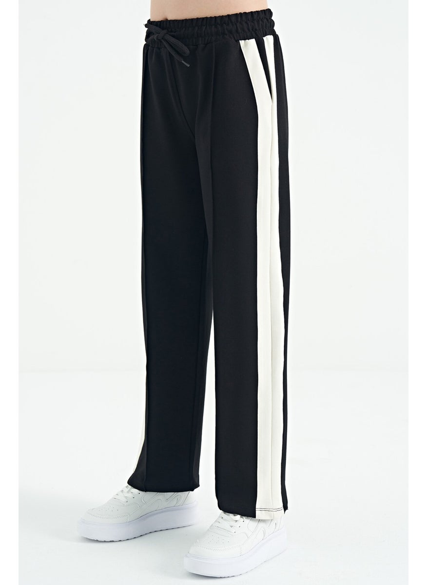 Black Side Band Detailed Lace-Up Comfortable Wide Leg Girls Tracksuit Bottom - 75119