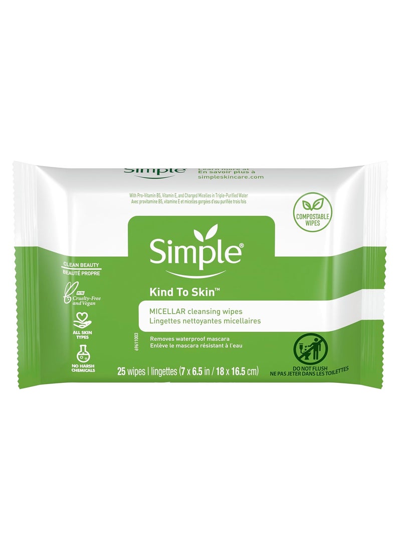 Simple Kind to Skin Cleansing Wipes Micellar Gentle and Effective Makeup Remover Free from color and dye artificial perfume and harsh chemicals 25 Wipes