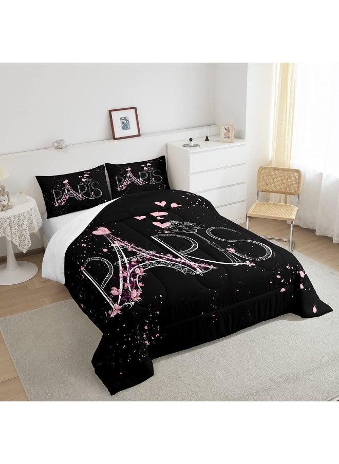 Feelyou Eiffel Tower Comforter Set Chic Paris Bedding Set Romantic Theme Comforter for Boys Girls Children Teens Black Pink Bedroom Decor Modern French Style Duvet Set Full Size with 2 Pillow Case