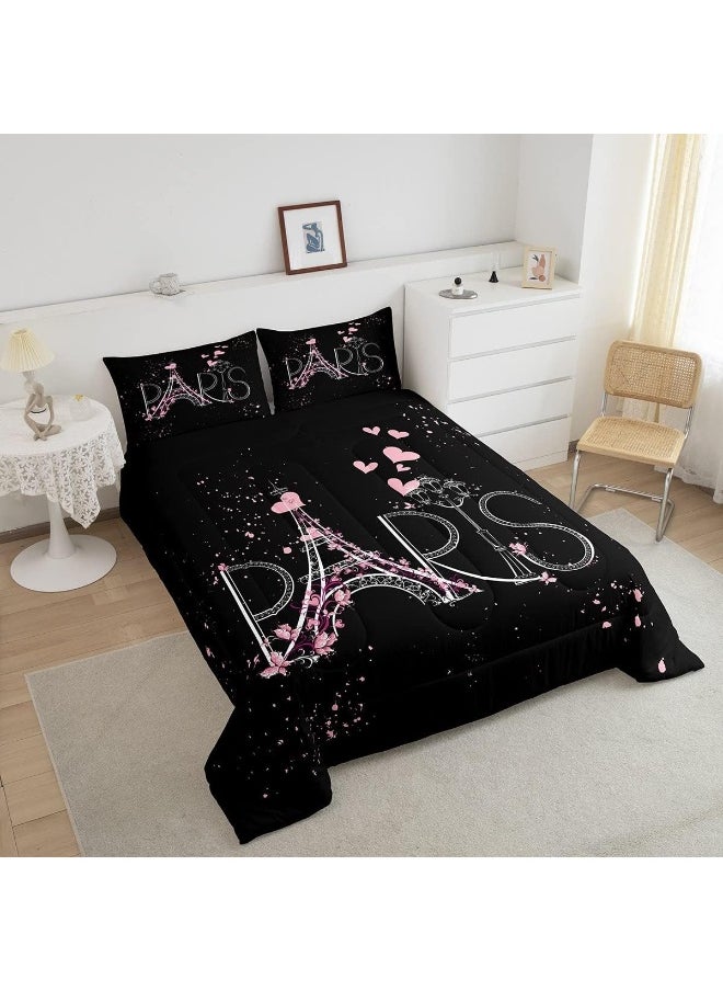 Feelyou Eiffel Tower Comforter Set Chic Paris Bedding Set Romantic Theme Comforter for Boys Girls Children Teens Black Pink Bedroom Decor Modern French Style Duvet Set Full Size with 2 Pillow Case