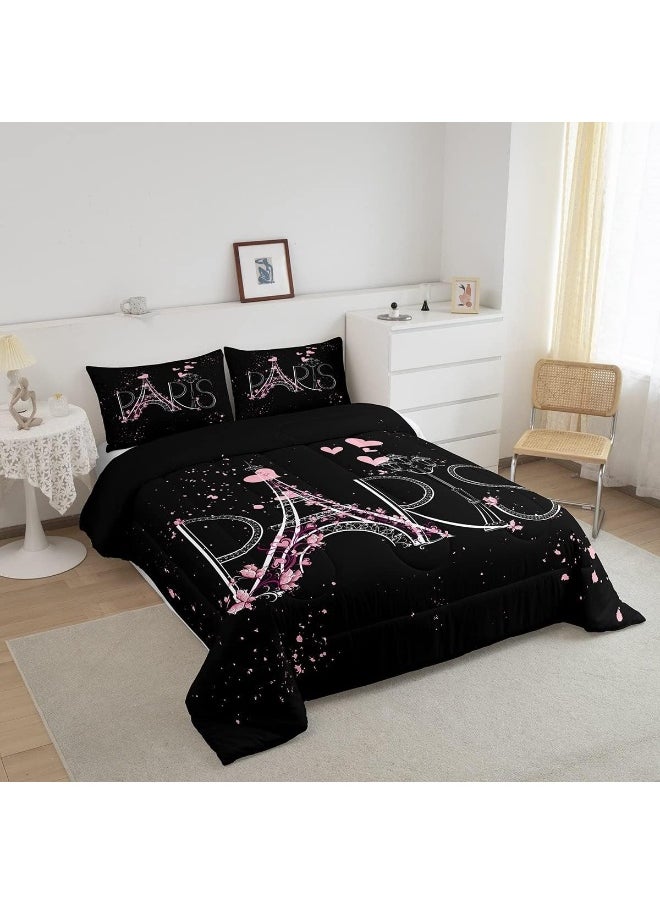 Feelyou Eiffel Tower Comforter Set Chic Paris Bedding Set Romantic Theme Comforter for Boys Girls Children Teens Black Pink Bedroom Decor Modern French Style Duvet Set Full Size with 2 Pillow Case