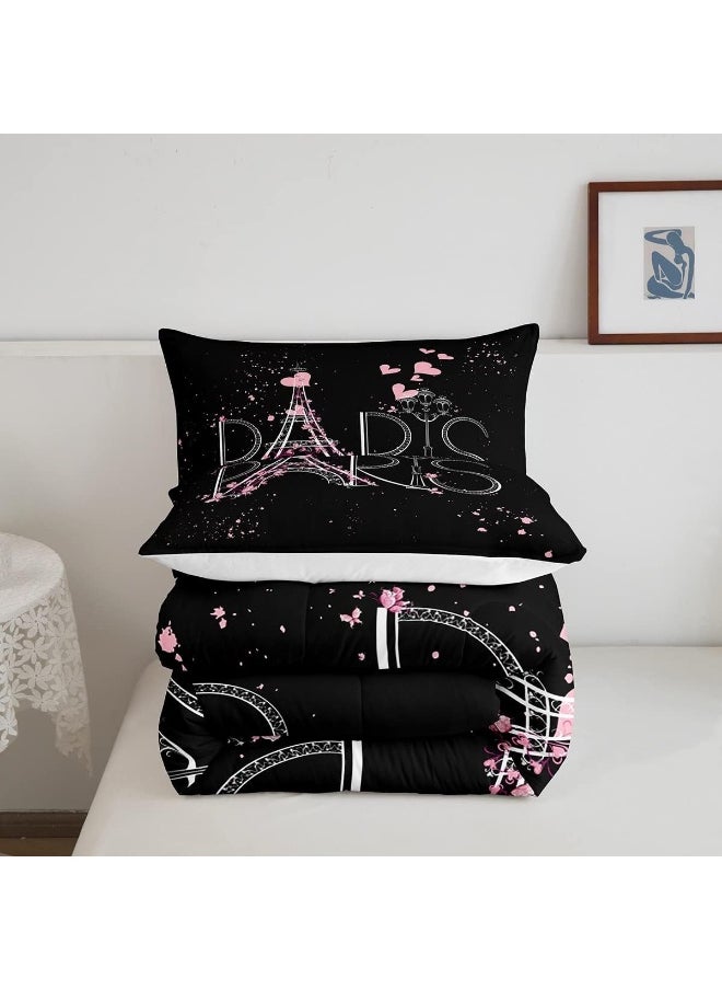 Feelyou Eiffel Tower Comforter Set Chic Paris Bedding Set Romantic Theme Comforter for Boys Girls Children Teens Black Pink Bedroom Decor Modern French Style Duvet Set Full Size with 2 Pillow Case