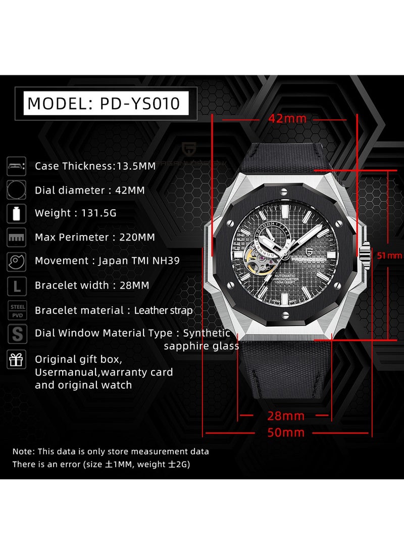New Fashion Men's Automatic Mechanical Watches, 42MM Stainless Steel Frame With Synthetic Sapphire Watch Window And Luminous Hands, Leather Strap, Fashionable And Versatile, PD YS010