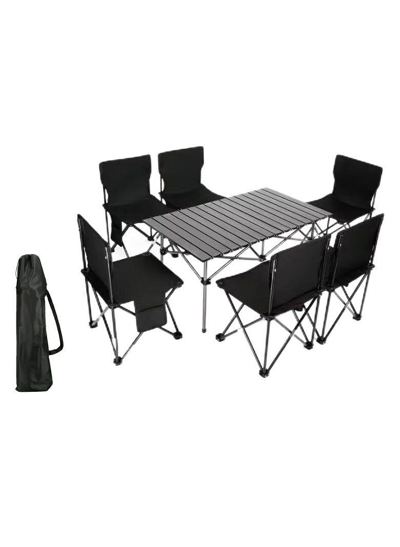 Black Alloy Steel Folding Table with 6 Chairs Set, Heavy Duty Waterproof Oxford Fabric, Ideal for outdoor camping and patio , Includes 7 Storage Bags