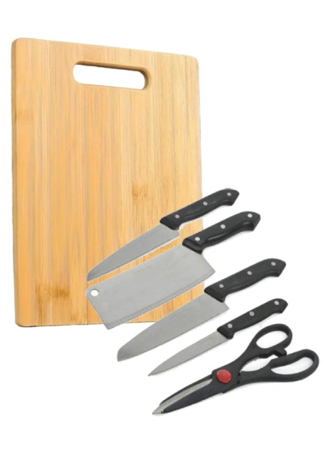 Stainless Steel 6 Piece Kitchen Knife Set with Plastic Handle | Knife Set with Cleaver Knife Sharpener and Wooden Cutting Board | Black Knife Set