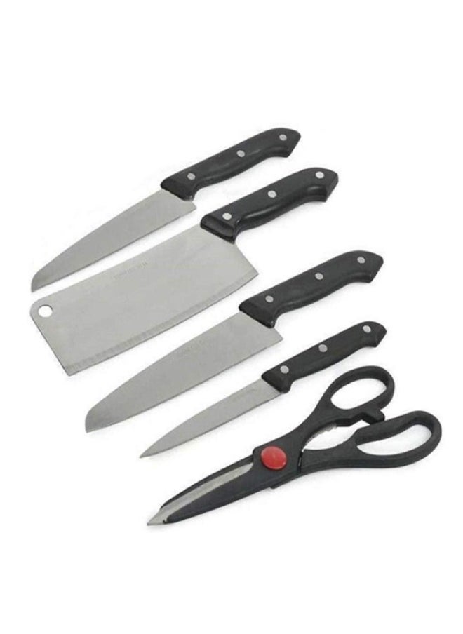 Stainless Steel 6 Piece Kitchen Knife Set with Plastic Handle | Knife Set with Cleaver Knife Sharpener and Wooden Cutting Board | Black Knife Set