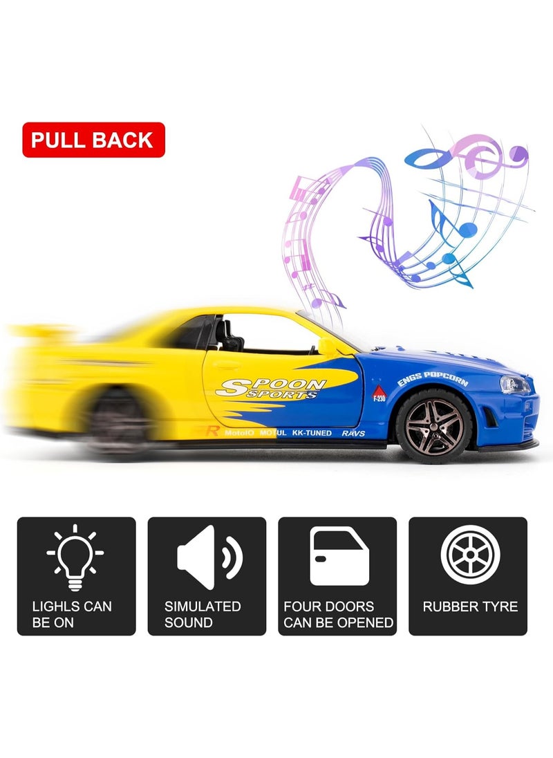 1/24 Nissan Skyline Ares GTR R34 Diecast Alloy Sports Car, Pull Back Car with Light and Sound Sports Race Car for Boys Age 3+ Year Old Gifts