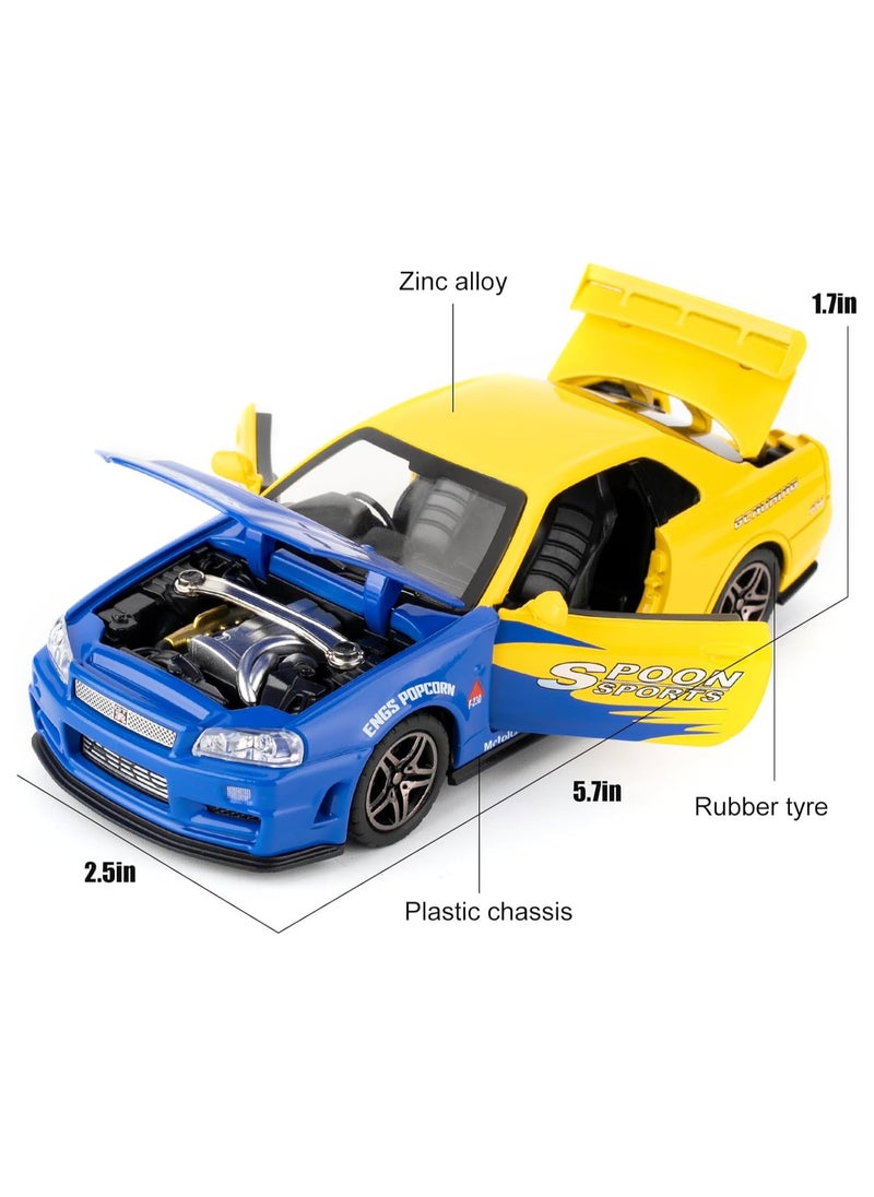 1/24 Nissan Skyline Ares GTR R34 Diecast Alloy Sports Car, Pull Back Car with Light and Sound Sports Race Car for Boys Age 3+ Year Old Gifts