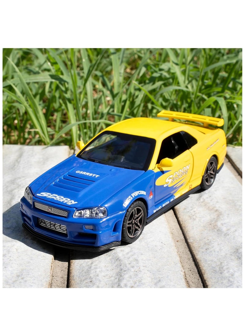 1/24 Nissan Skyline Ares GTR R34 Diecast Alloy Sports Car, Pull Back Car with Light and Sound Sports Race Car for Boys Age 3+ Year Old Gifts