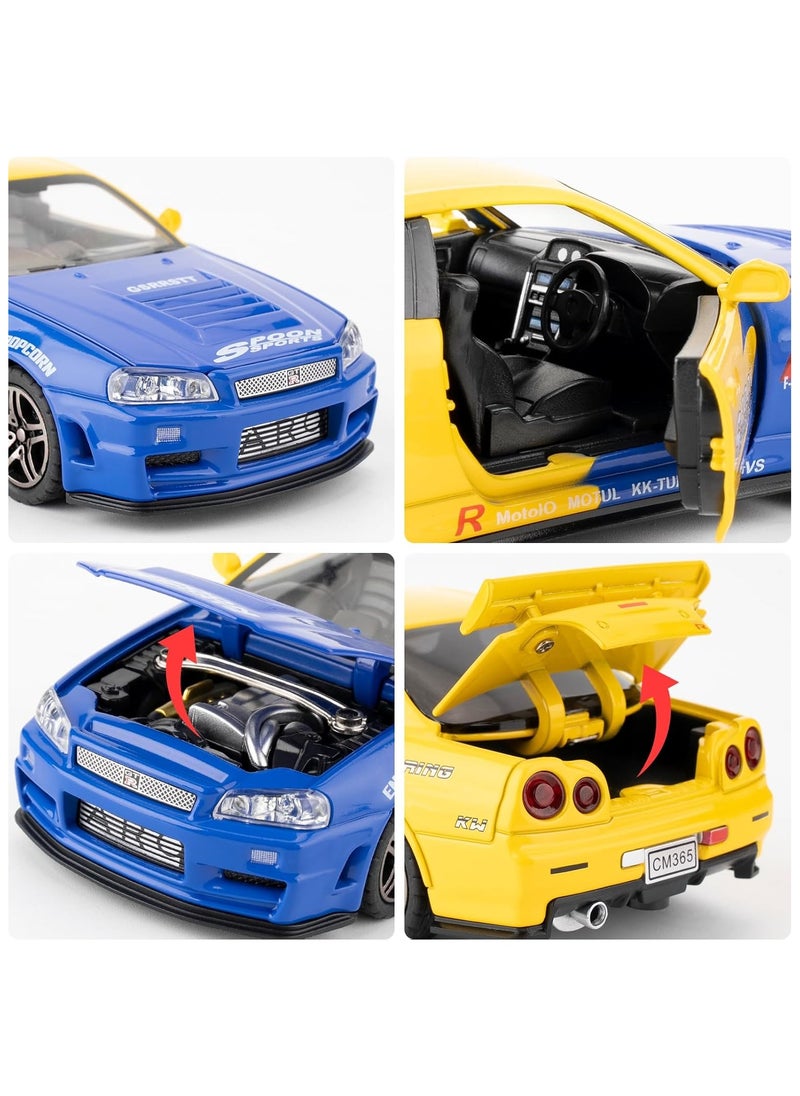 1/24 Nissan Skyline Ares GTR R34 Diecast Alloy Sports Car, Pull Back Car with Light and Sound Sports Race Car for Boys Age 3+ Year Old Gifts