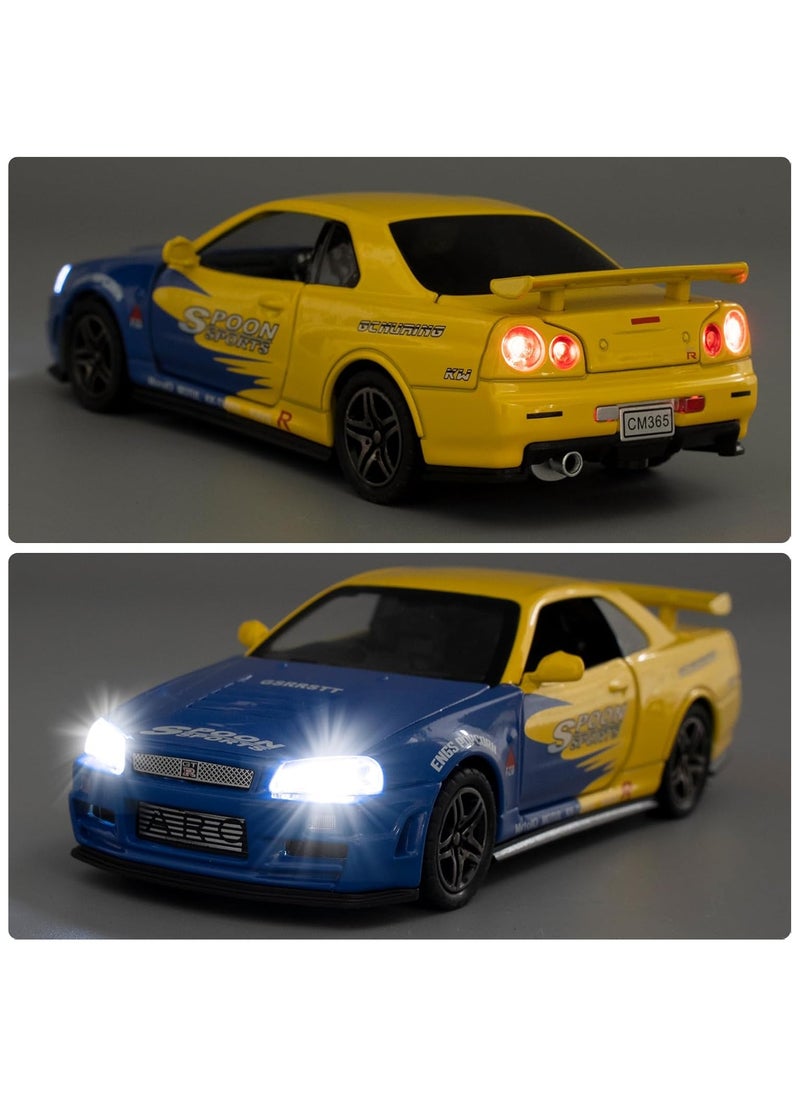 1/24 Nissan Skyline Ares GTR R34 Diecast Alloy Sports Car, Pull Back Car with Light and Sound Sports Race Car for Boys Age 3+ Year Old Gifts