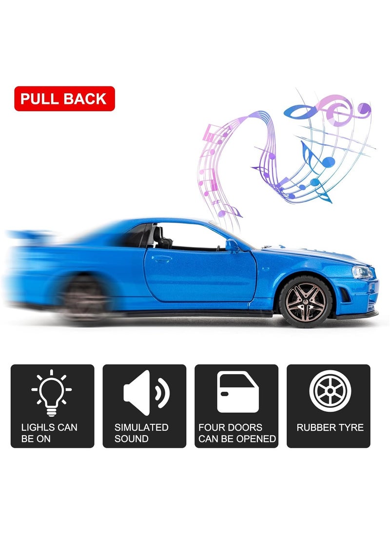 1/24 Nissan Skyline Ares GTR R34 Diecast Alloy Sports Car, Pull Back Car with Light and Sound Sports Race Car for Boys Age 3+ Year Old Gifts