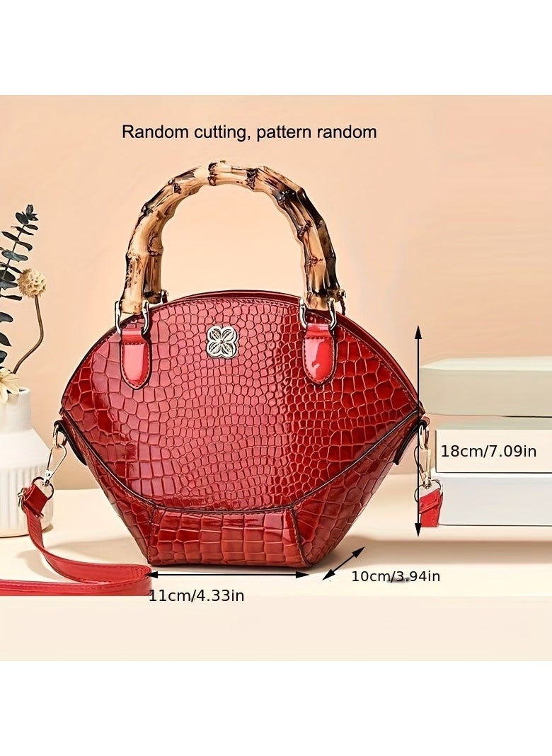 Crocodile Pattern Shoulder Bag for Women, Creative Shell-Shaped Retro Handbag with Bamboo Joint Handle, High-Quality Office Crossbody Bag