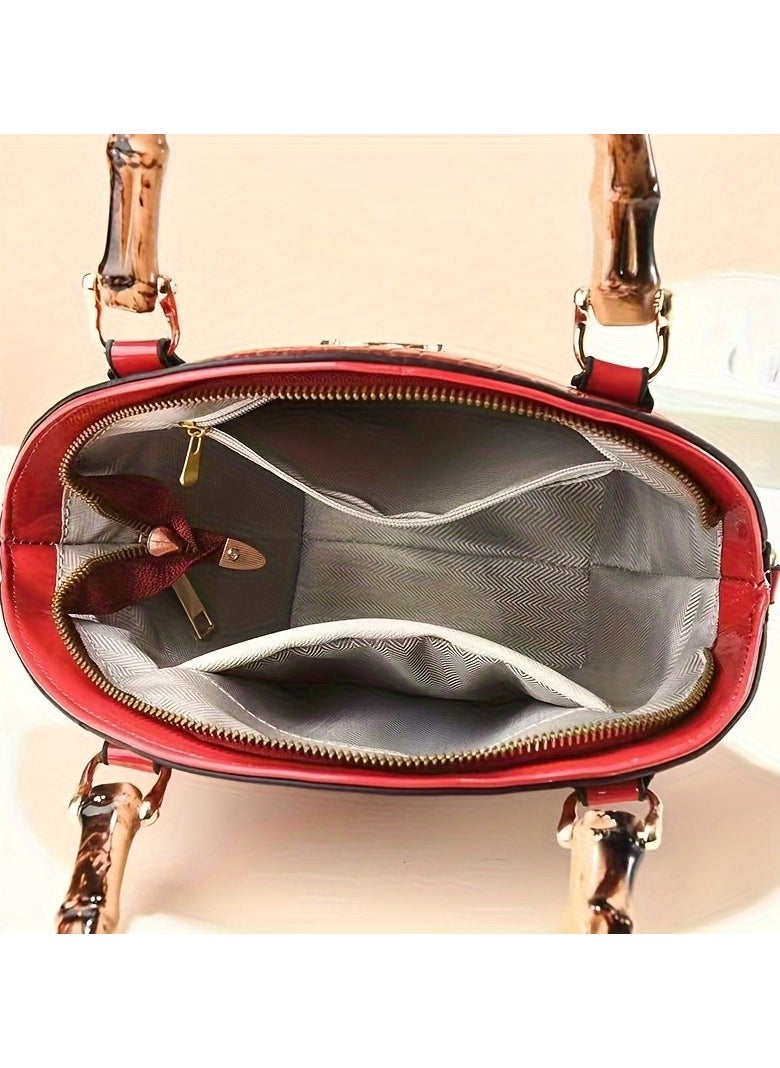 Crocodile Pattern Shoulder Bag for Women, Creative Shell-Shaped Retro Handbag with Bamboo Joint Handle, High-Quality Office Crossbody Bag