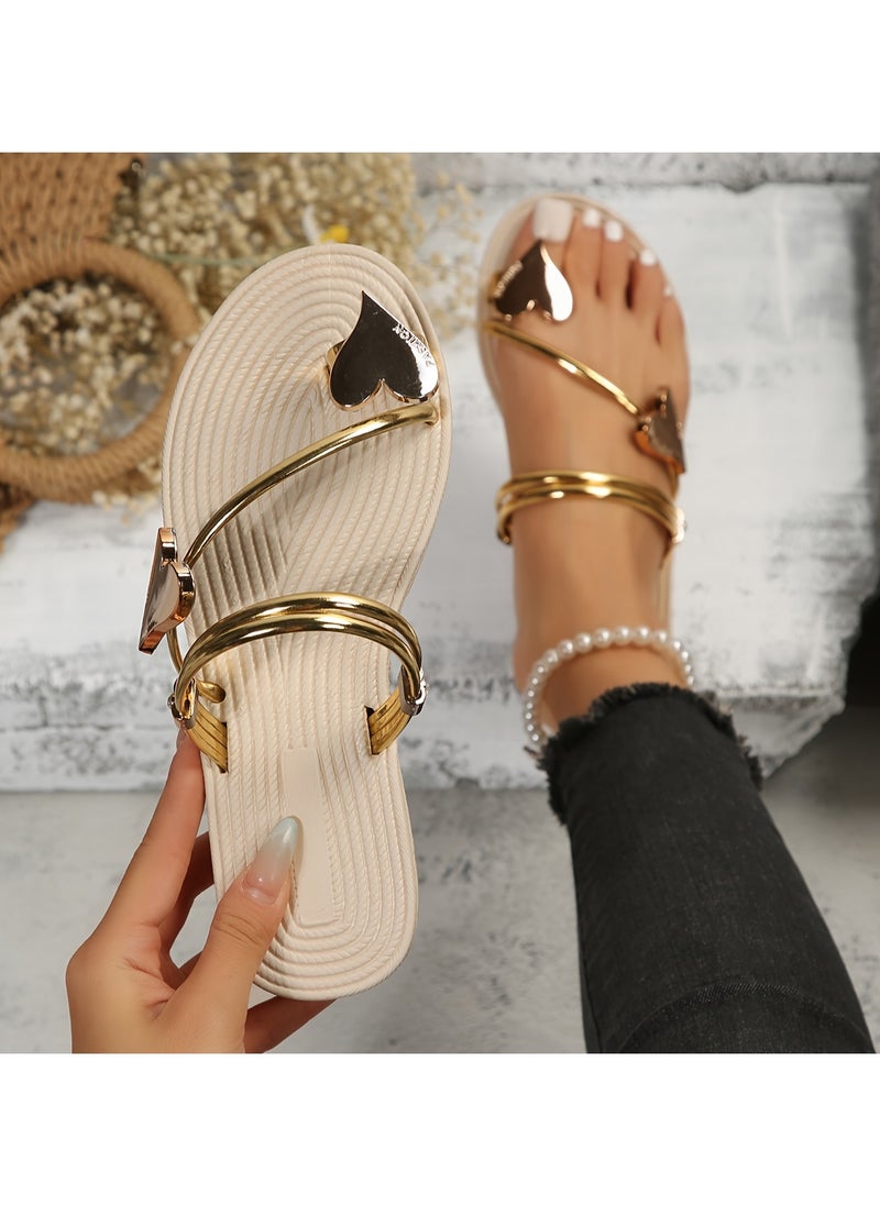 Comfortable Wear Elegant Summer Women's Slide Sandals Solid Color with Heart Accent, Easy Slip-On, Flat Heel, Faux Cover Straps & Rubber Sole, Comfortable Clip Toe Design