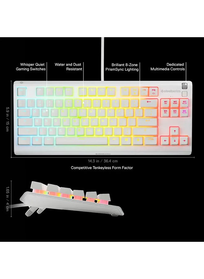 SteelSeries Apex 3 TKL RGB Gaming US layout Keyboard, Tenkeyless Compact Form Factor, 8-Zone RGB Illumination, Water and Dust Resistant, Whisper Quiet Gaming Switch - White