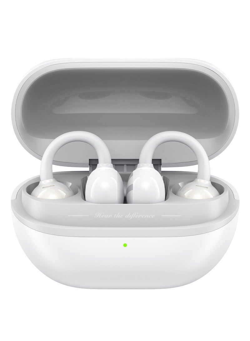 POP Clip Open Ear Earbuds, Bluetooth 5.4 Clip-On Headphones, Lightweight Comfort, AI Call Noise Cancellation with Dual Connection, Immersive Audio Wireless Earbuds, 30H, IPX5, App Control white