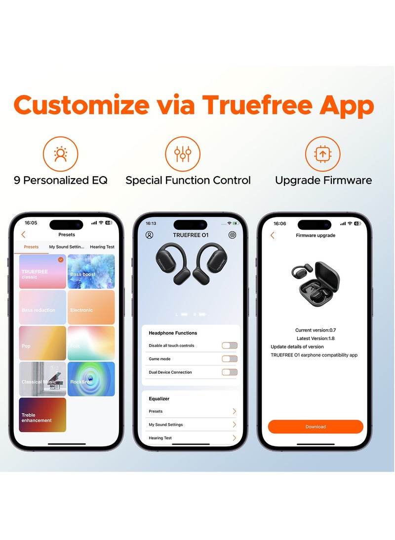 Truefree Open Ear Bluetooth 5.3 Headphones, Wireless Sports Headphones, ENC Noise Cancelling, 3D Stereo Sound via 16.2 mm Driver, 45 Hours of Playback, 4 mics Black) black