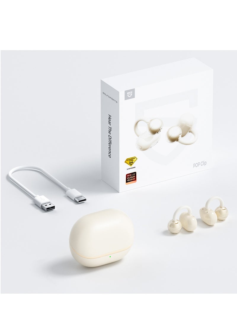 POP Clip Open Ear Earbuds, Bluetooth 5.4 Clip-On Headphones, Lightweight Comfort, AI Call Noise Cancellation with Dual Connection, Immersive Audio Wireless Earbuds, 30H, IPX5, App Control beige