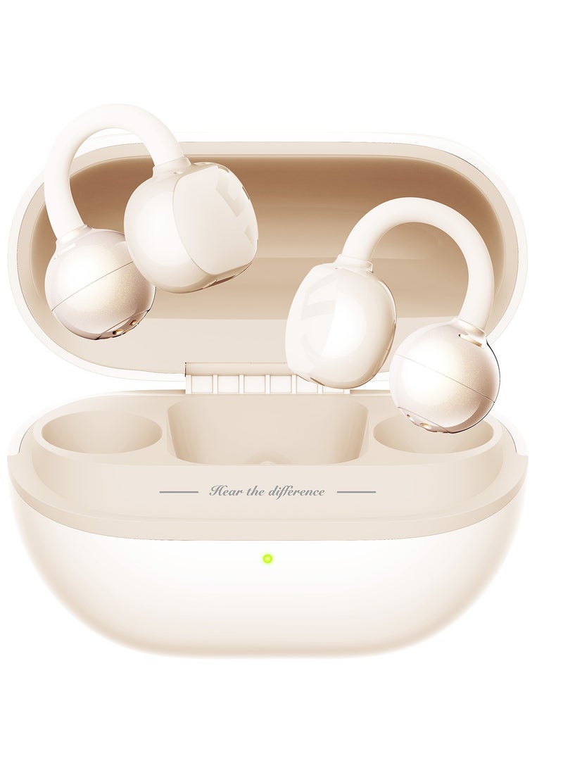 POP Clip Open Ear Earbuds, Bluetooth 5.4 Clip-On Headphones, Lightweight Comfort, AI Call Noise Cancellation with Dual Connection, Immersive Audio Wireless Earbuds, 30H, IPX5, App Control beige