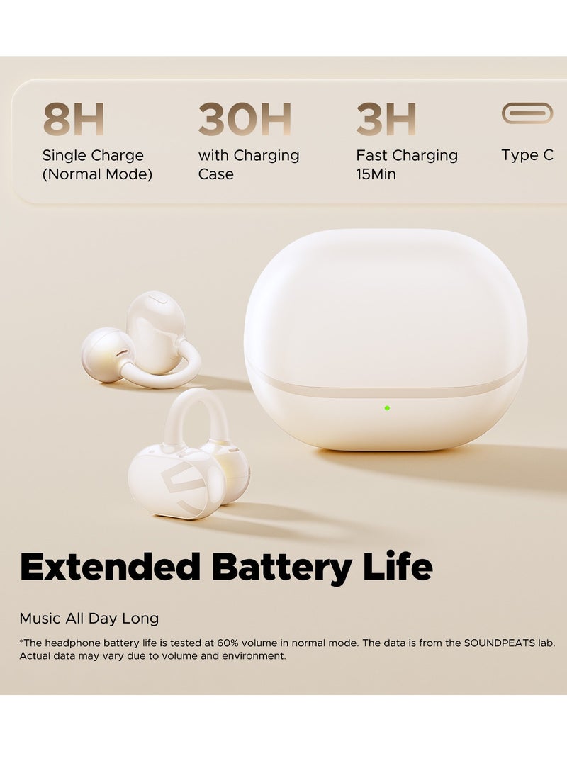 POP Clip Open Ear Earbuds, Bluetooth 5.4 Clip-On Headphones, Lightweight Comfort, AI Call Noise Cancellation with Dual Connection, Immersive Audio Wireless Earbuds, 30H, IPX5, App Control beige