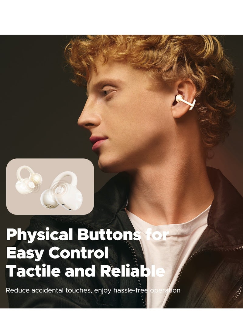 POP Clip Open Ear Earbuds, Bluetooth 5.4 Clip-On Headphones, Lightweight Comfort, AI Call Noise Cancellation with Dual Connection, Immersive Audio Wireless Earbuds, 30H, IPX5, App Control beige