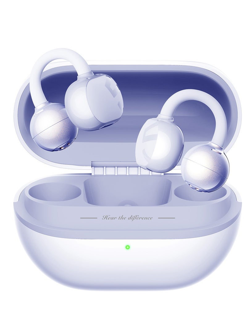 POP Clip Open Ear Earbuds, Bluetooth 5.4 Clip-On Headphones, Lightweight Comfort, AI Call Noise Cancellation with Dual Connection, Immersive Audio Wireless Earbuds, 30H, IPX5, App Control purple