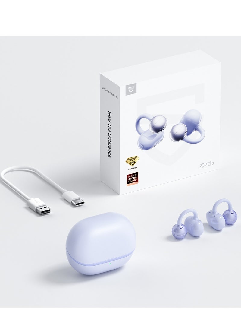 POP Clip Open Ear Earbuds, Bluetooth 5.4 Clip-On Headphones, Lightweight Comfort, AI Call Noise Cancellation with Dual Connection, Immersive Audio Wireless Earbuds, 30H, IPX5, App Control purple