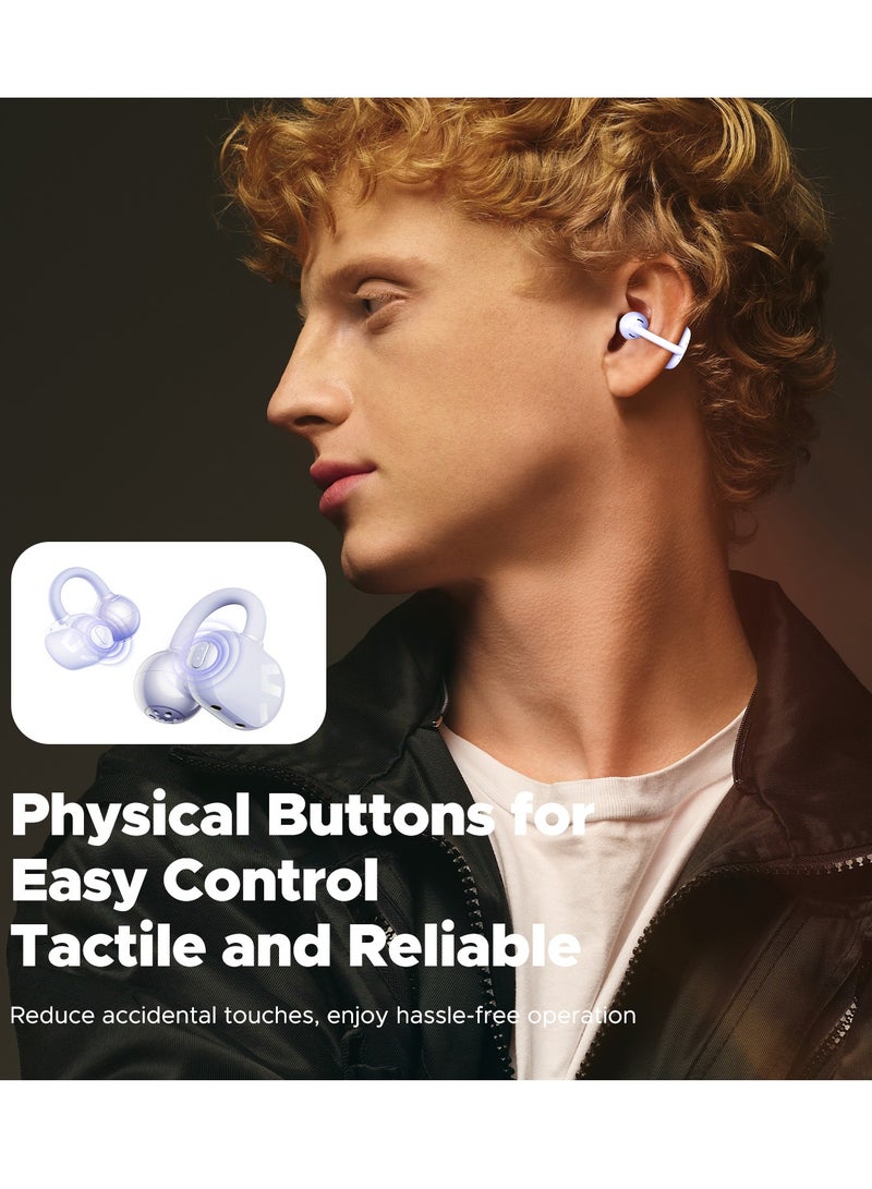 POP Clip Open Ear Earbuds, Bluetooth 5.4 Clip-On Headphones, Lightweight Comfort, AI Call Noise Cancellation with Dual Connection, Immersive Audio Wireless Earbuds, 30H, IPX5, App Control purple