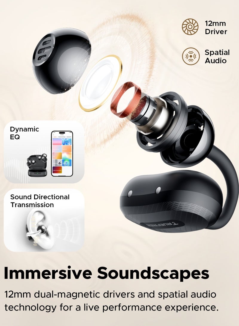 Truefree C10 Wireless Headset, Open-Ear Headset with Clip, Bluetooth 5.4, Spatial Sound, 28 Hours, IPX5 Waterproof, Clear Calls, Dual Connection, Customisable App black